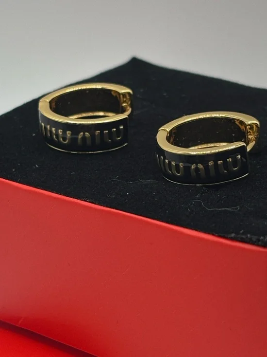 Luxury Designer Gold Tone Small Hoop Earrings Black Enamel Polished Logo Accent - Picture 6 of 15